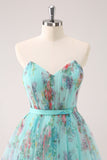 Fluffy Strapless Green Floral Short Homecoming Dress