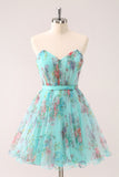 Fluffy Strapless Green Floral Short Homecoming Dress