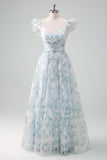 Light Blue Flower Printed A-Line Cap Sleeves Long Prom Dress