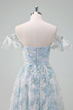 Light Blue Flower Printed A-Line Cap Sleeves Long Prom Dress