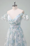 Light Blue Flower Printed A-Line Cap Sleeves Long Prom Dress