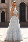 Light Blue Flower Printed A-Line Cap Sleeves Long Prom Dress