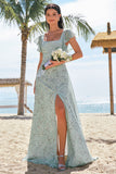 Dusty Sage A Line Printed Floral Long Bridesmaid Dress with Slit