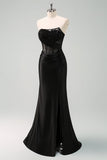 Black Strapless Mermaid Ruched Corset Long Prom Dress