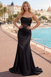 Black Strapless Mermaid Ruched Corset Long Prom Dress