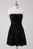 Sparkly Black A-Line Strapless Sequins Short Homecoming Dress