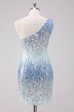 Sparkly Light Blue One Shoulder Sequins Bodycon Short Homecoming Dress