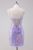 Sparkly Purple Bodycon Spaghetti Straps Sequins Short Homecoming Dress