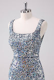 Sparkly Silver Square Neck Tight Homecoming Dress with Slit