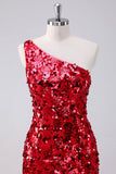 Sparkly Red One Shoulder Tight Short Homecoming Dress with Sequins