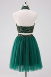 Sparkly A-Line Dark Green Halter Short Homecoming Dress with Sequins