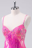 Sparkly Hot Pink A Line Spaghetti Straps Fringe Sequins Homecoming Dress