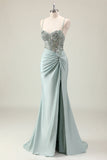 Sparkly Dusty Green Mermaid Sequins Spaghetti Straps Long Prom Dress with Slit