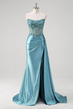 Grey Blue Mermaid Strapless Corset Sequined Satin Prom Dress