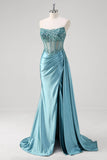 Grey Blue Mermaid Strapless Corset Sequined Satin Prom Dress