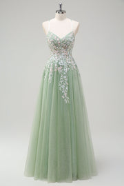 Sage A-Line Spaghetti Straps Tulle Long Prom Dress with Appliques