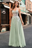 Sage Tulle A-Line Spaghetti Straps Long Prom Dress with Appliques