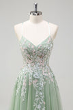 Sage A-Line Spaghetti Straps Tulle Long Prom Dress with Appliques