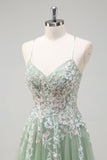 Sage A-Line Spaghetti Straps Tulle Long Prom Dress with Appliques