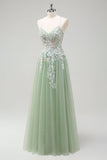 Sage A-Line Spaghetti Straps Tulle Long Prom Dress with Appliques