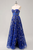 Royal Blue A Line Strapless Appliques Corset Long Prom Dress with Slit