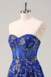 Royal Blue A Line Strapless Appliques Corset Long Prom Dress with Slit