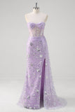 Light Purple Mermaid Strapless Corset Sequin Prom Dress With Slit