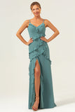 Eucalyptus Sheath Spaghetti Straps Ruffle Long Bridesmaid Dress with Slit