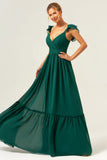 Dark Green A Line V-Neck Ruched Chiffon Long Bridesmaid Dress