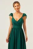 Dark Green A Line V-Neck Ruched Chiffon Long Bridesmaid Dress