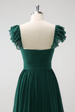 Dark Green A Line V-Neck Chiffon Long Bridesmaid Dress