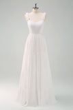 A-Line White Spaghetti Straps Pleated Long Prom Dress with Bow