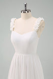 A-Line White Spaghetti Straps Pleated Long Prom Dress with Bow