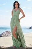 Dusty Sage A-Line Halter Corset Ruffled Long Chiffon Bridesmaid Dress with Slit