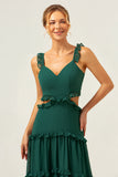 Dark Green A-Line Chiffon Ruffled Long Bridesmaid Dress with Hollow Out