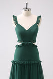 Dark Green A-Line Hollow Out Ruffled Long Bridesmaid Dress