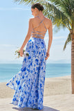 Blue Floral Spaghetti Straps Long Bridesmaid Dress with Slit