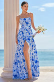 Blue Floral Spaghetti Straps Long Bridesmaid Dress with Slit