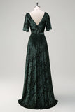 Dark Green A Line V-Neck Burnout Velvet Floral Long Bridesmaid Dress