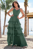 Tiered Eucalyptus A-Line Chiffon Long Bridesmaid Dress