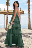 Tiered Eucalyptus A-Line Chiffon Long Bridesmaid Dress