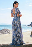 Grey Blue A-Line V Neck Burnout Velvet Printed Long Bridesmaid Dress