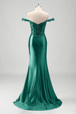 Sparkly Grey Green Mermaid Off The Shoulder Sequins Metallic Prom Dress  with Slit