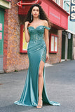 Off the Shoulder Applique Mermaid Grey Green Prom Dress with Slit