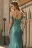 Off The Shoulder Mermaid Grey Green Sequin Long Prom Dress with Slit