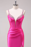 Fuchsia Mermaid Spaghetti Straps Corset Sequin Prom Dress with Slit