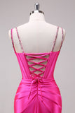 Fuchsia Mermaid Spaghetti Straps Corset Sequin Prom Dress with Slit