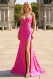 Fuchsia Mermaid Spaghetti Straps Corset Sequin Prom Dress with Slit