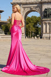 Fuchsia Mermaid Spaghetti Straps Corset Sequin Prom Dress with Slit