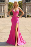 Fuchsia Mermaid Spaghetti Straps Corset Sequin Prom Dress with Slit